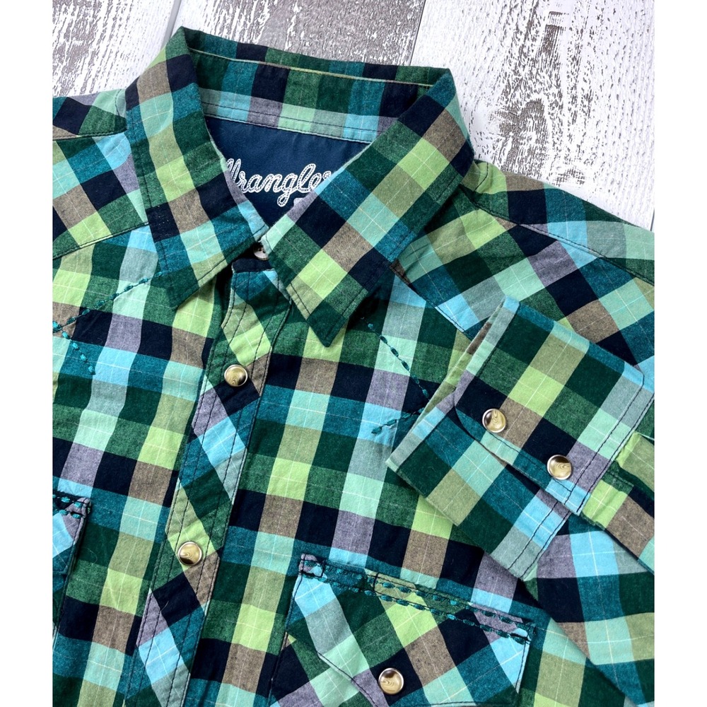 Wrangler 20X Mens L Green Blue Plaid Western Cowboy Rodeo Shirt